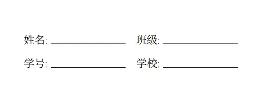 排版效果截图:四组中文填空栏,「姓名」「班级」「学号」「学校」后各接一条下划线。