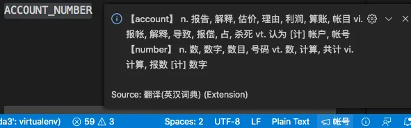 VSCode 截图:大写标识符上弹出词典面板,列出 account、number 的详细释义与词性。
