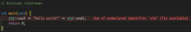 VSCode 截图:C++ 的 std::cout 一行被标红,行尾显示「Use of undeclared identifier 'std'」错误。