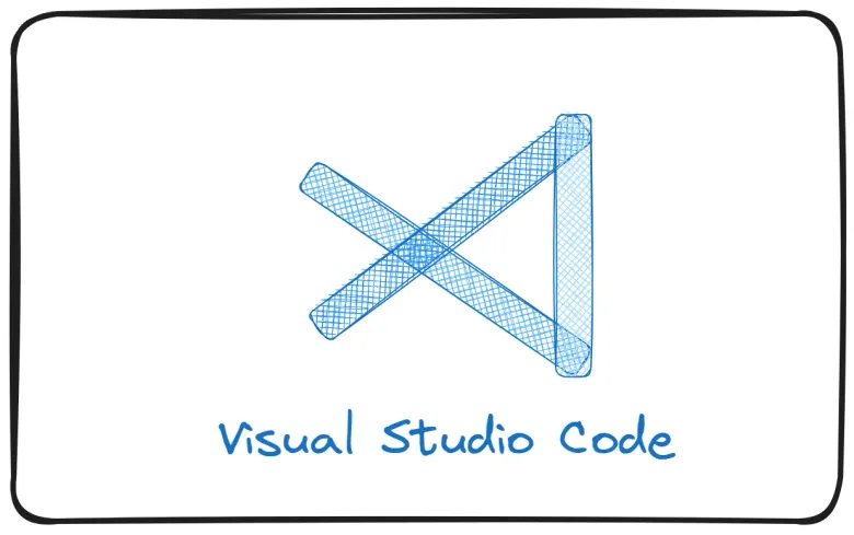 Excalidraw 手绘风格图片:用蓝色线条画出的 VSCode 徽标,下方写着 Visual Studio Code。