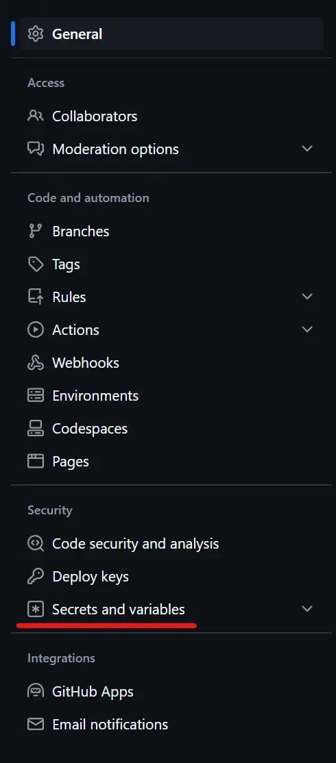 GitHub 仓库设置页面截图:左侧边栏中的「Secrets and variables」选项被红线标出。