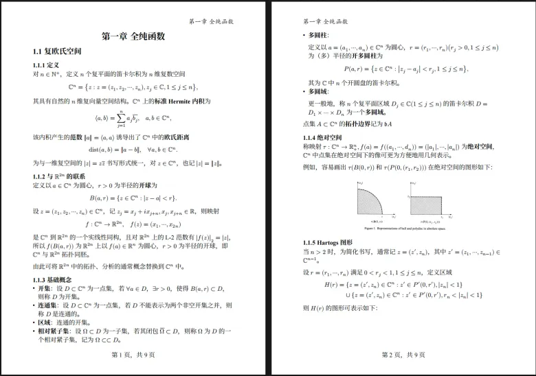 两页文档截图:页眉显示当前章节标题「第一章 全纯函数」,正文为复欧氏空间的数学笔记。