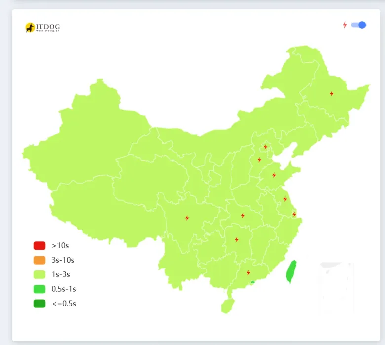 ITDOG 全国测速地图：大部分省份为 1s–3s 的浅绿色，只有少数几处红点标示慢速节点。