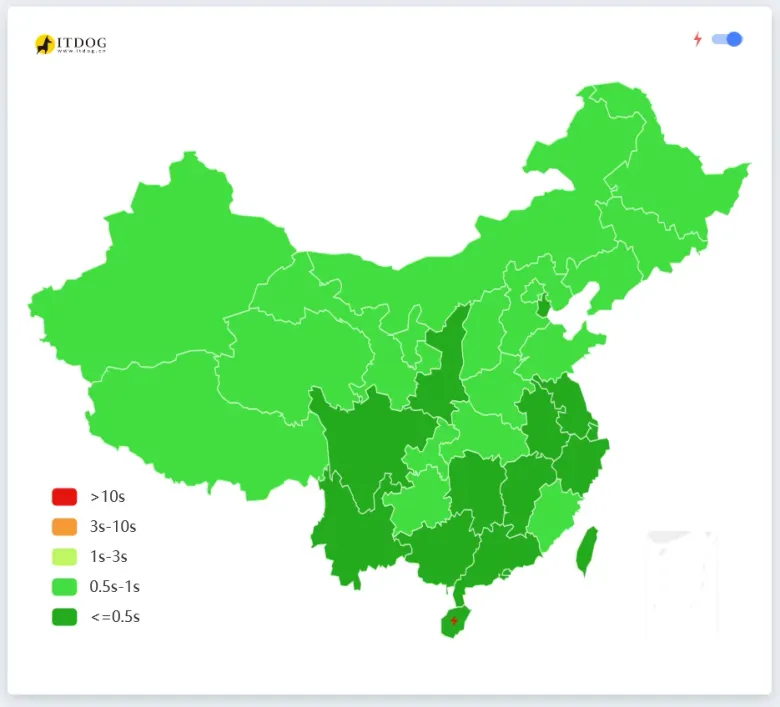 ITDOG 全国测速地图：绝大多数省份为 0.5s–1s 的绿色，仅海南一处红点标示慢速。