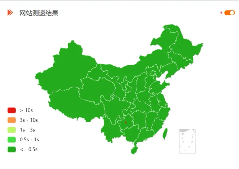 ITDOG「网站测速结果」地图：全国几乎都是 0.5s 以下的深绿色，仅个别位置有红点。