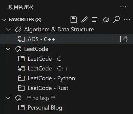 VSCode 侧边栏截图:Project Manager 扩展的「项目管理器」面板,按收藏分组列出多个代码项目。