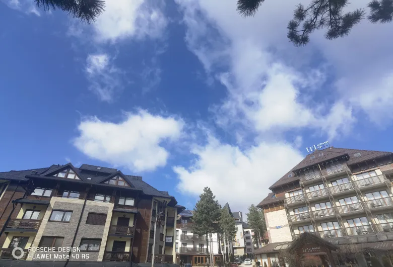 照片：蓝天白云下的山镇街景，木屋风格的酒店与松树错落排列。